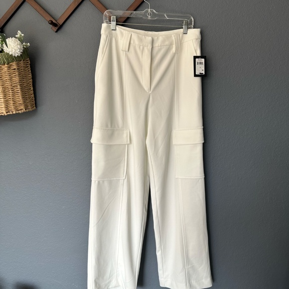 Y2K Inspired DKNY women's solid wide-leg crepe cargo-pocket pants ivory Size 10 - Picture 2 of 9